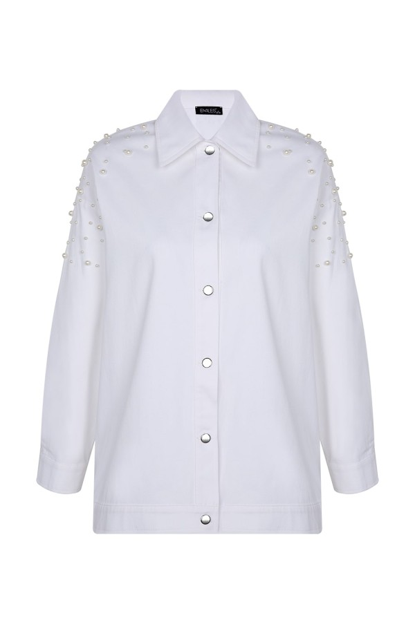 İnci Detaylı Kot Ceket Beyaz