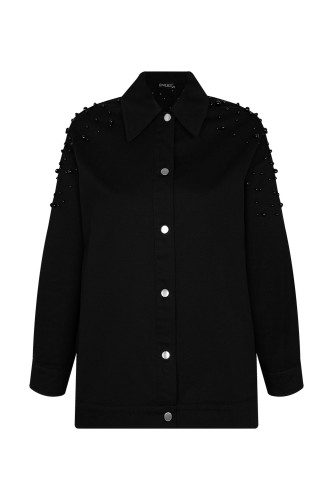 İnci Detaylı Kot Ceket Siyah - Thumbnail