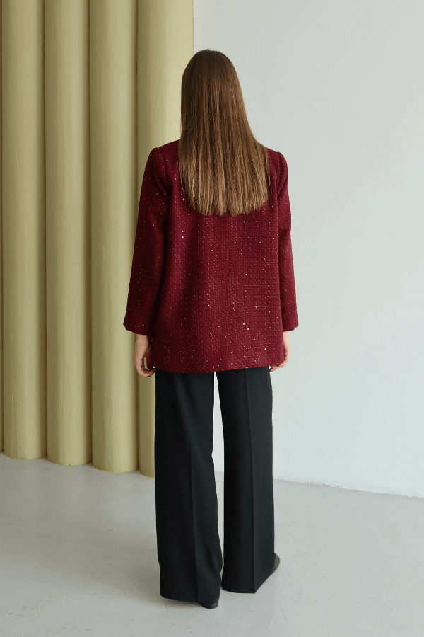 Işıltı Detaylı Tüvit Ceket Bordo