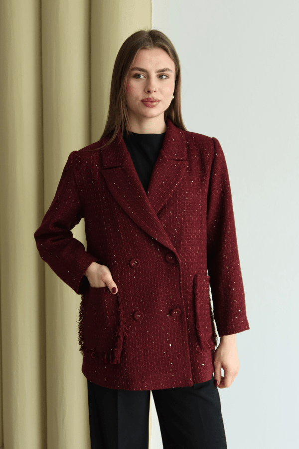 Işıltı Detaylı Tüvit Ceket Bordo