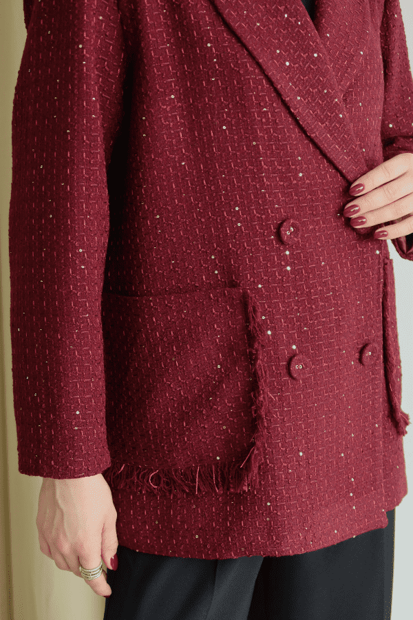 Işıltı Detaylı Tüvit Ceket Bordo