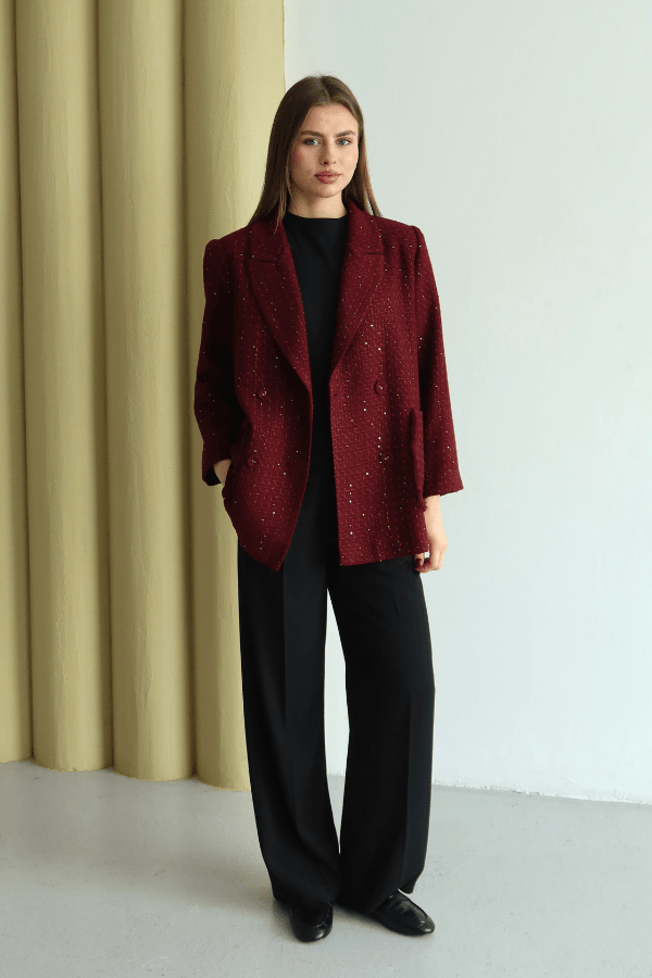 Işıltı Detaylı Tüvit Ceket Bordo