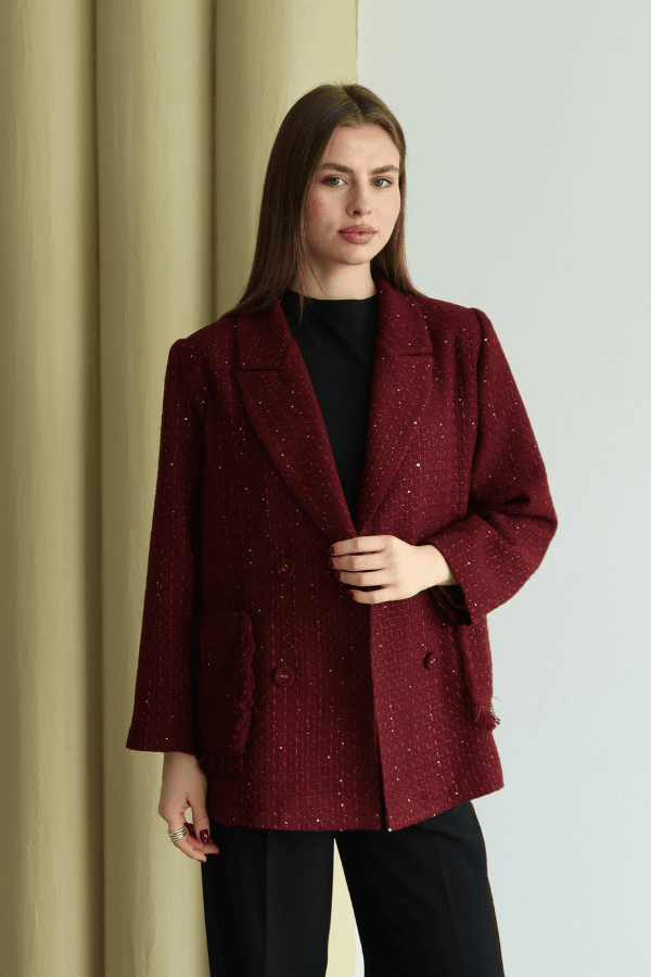 Işıltı Detaylı Tüvit Ceket Bordo
