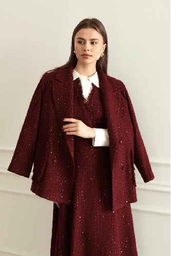 Işıltı Detaylı Tüvit Ceket Bordo - Thumbnail