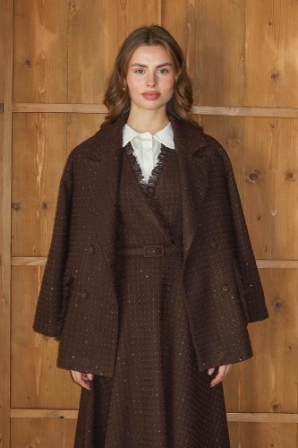 Işıltı Detaylı Tüvit Ceket Kahve - Thumbnail