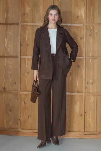 Işıltı Detaylı Tüvit Ceket Kahve - Thumbnail