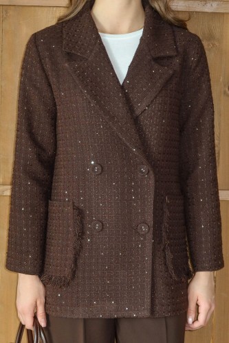 Işıltı Detaylı Tüvit Ceket Kahve - Thumbnail