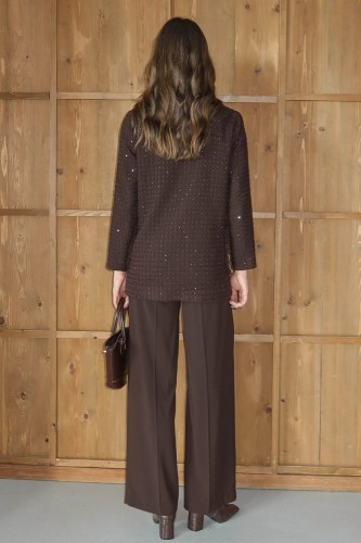 Işıltı Detaylı Tüvit Ceket Kahve - Thumbnail