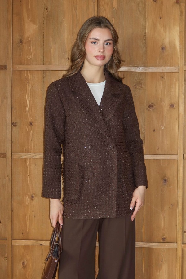 Işıltı Detaylı Tüvit Ceket Kahve