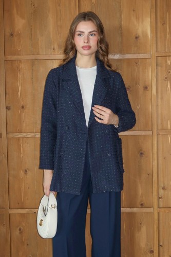 Işıltı Detaylı Tüvit Ceket Lacivert - Thumbnail