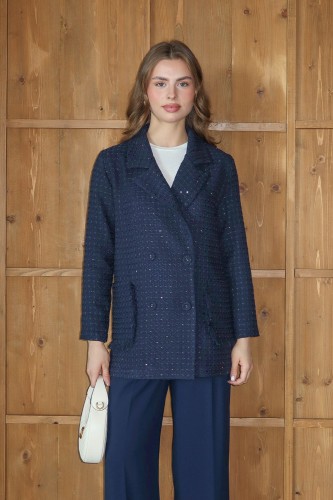 Işıltı Detaylı Tüvit Ceket Lacivert - Thumbnail