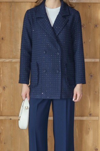 Işıltı Detaylı Tüvit Ceket Lacivert - Thumbnail