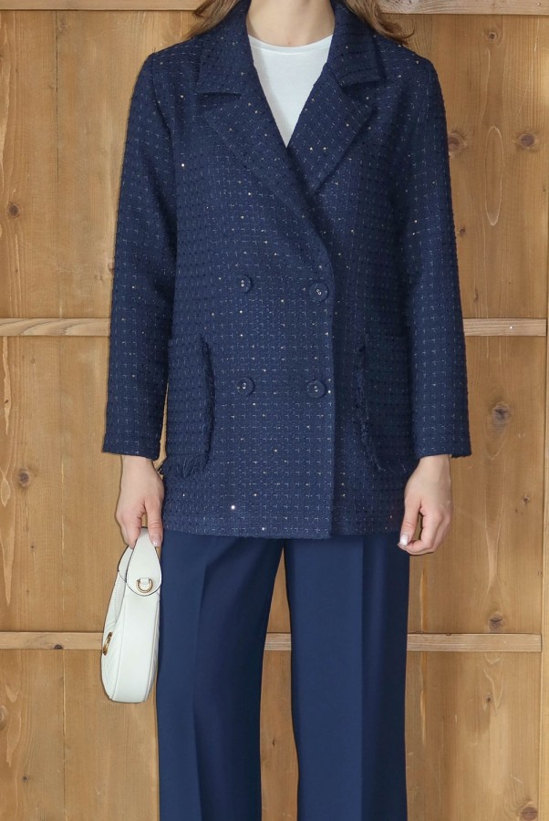 Işıltı Detaylı Tüvit Ceket Lacivert