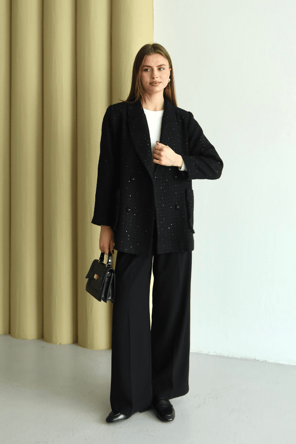 Işıltı Detaylı Tüvit Ceket Siyah