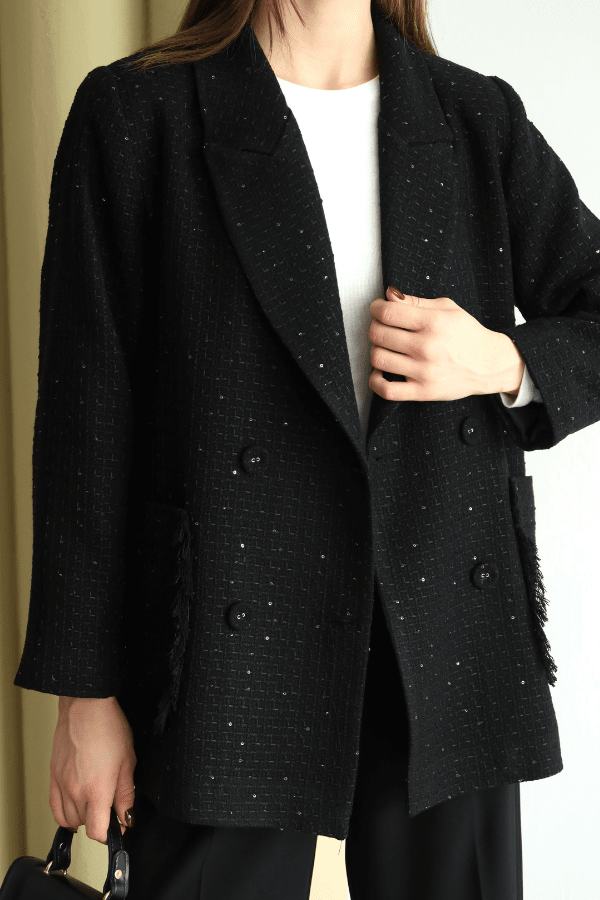 Işıltı Detaylı Tüvit Ceket Siyah