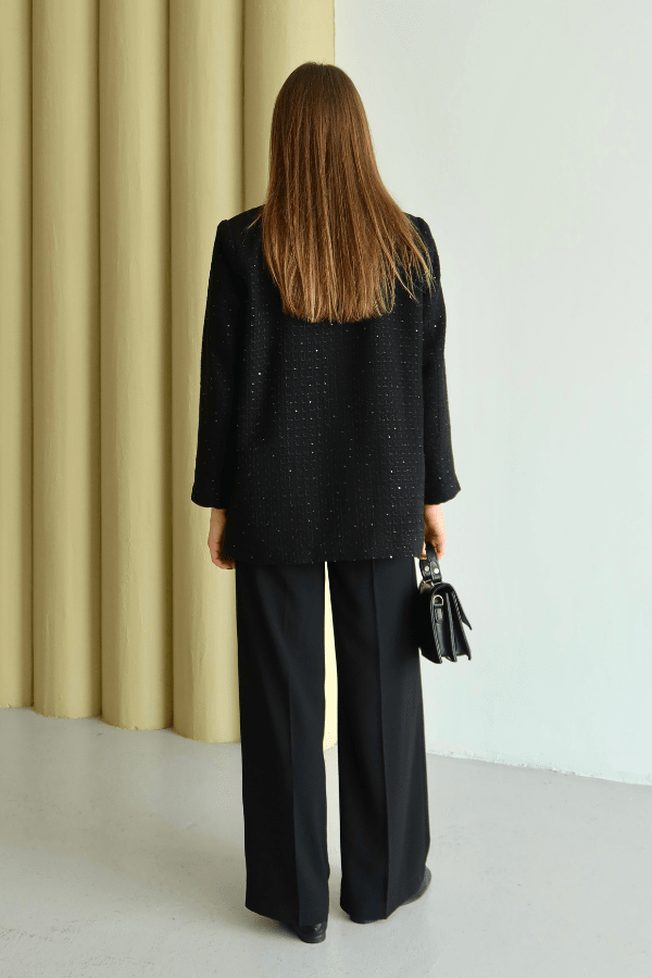 Işıltı Detaylı Tüvit Ceket Siyah