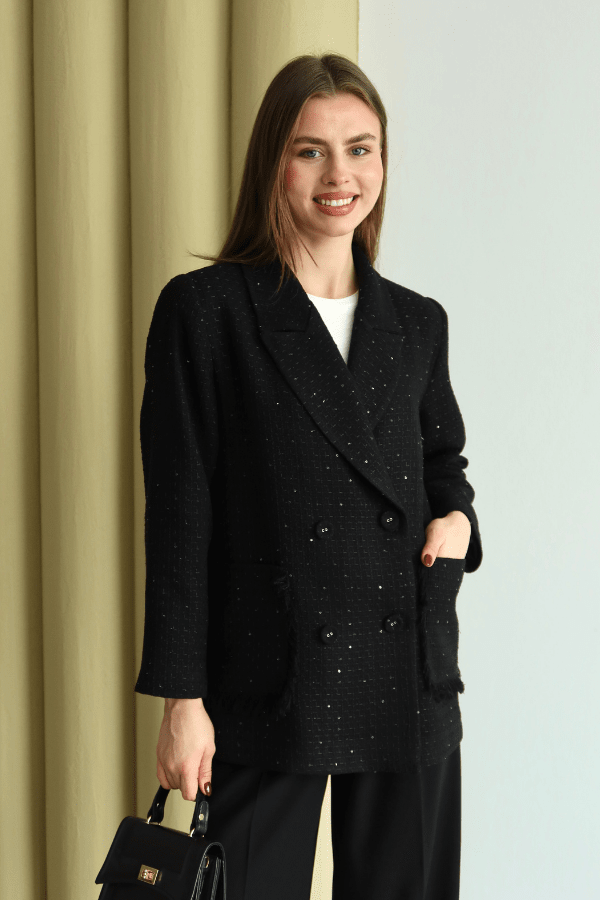 Işıltı Detaylı Tüvit Ceket Siyah