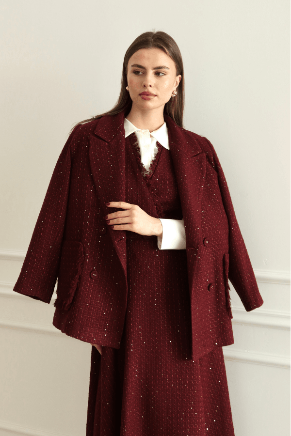 Işıltı Detaylı Tüvit Jile Bordo