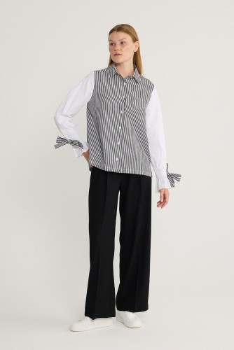 Kolu Bağcıklı Çizgili Tunik Siyah - Thumbnail