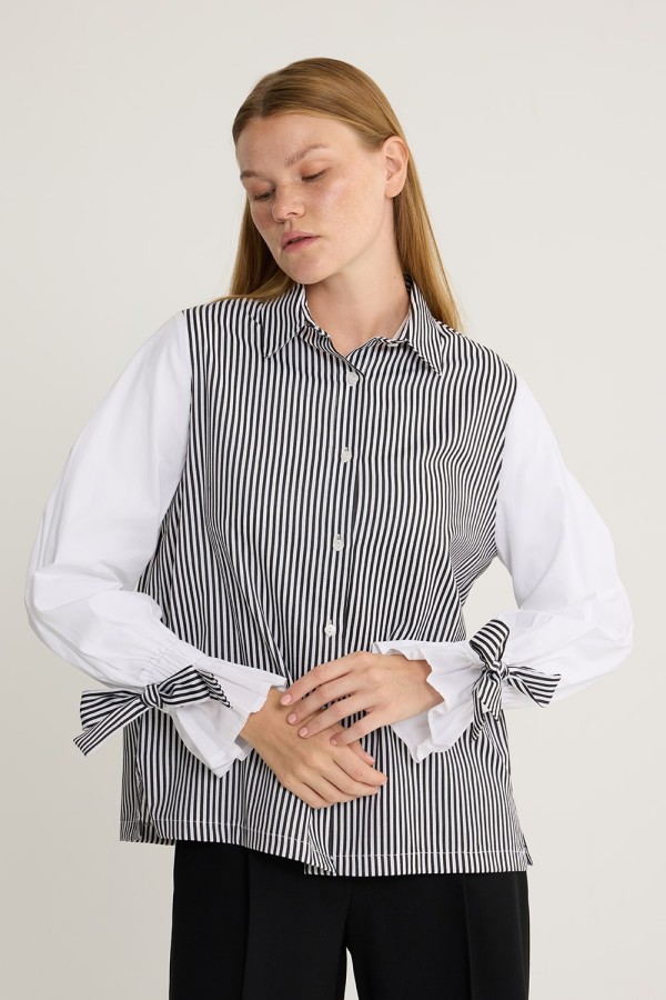 emiles - Kolu Bağcıklı Çizgili Tunik Siyah emiles - Kolu Bağcıklı Çizgili Tunik Siyah