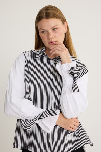 Kolu Bağcıklı Çizgili Tunik Siyah - Thumbnail