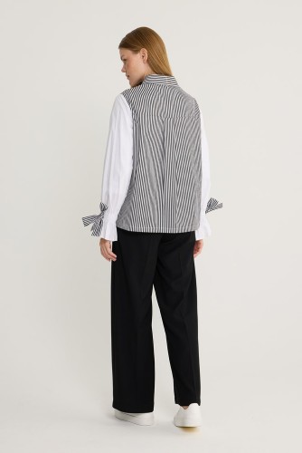 Kolu Bağcıklı Çizgili Tunik Siyah - Thumbnail