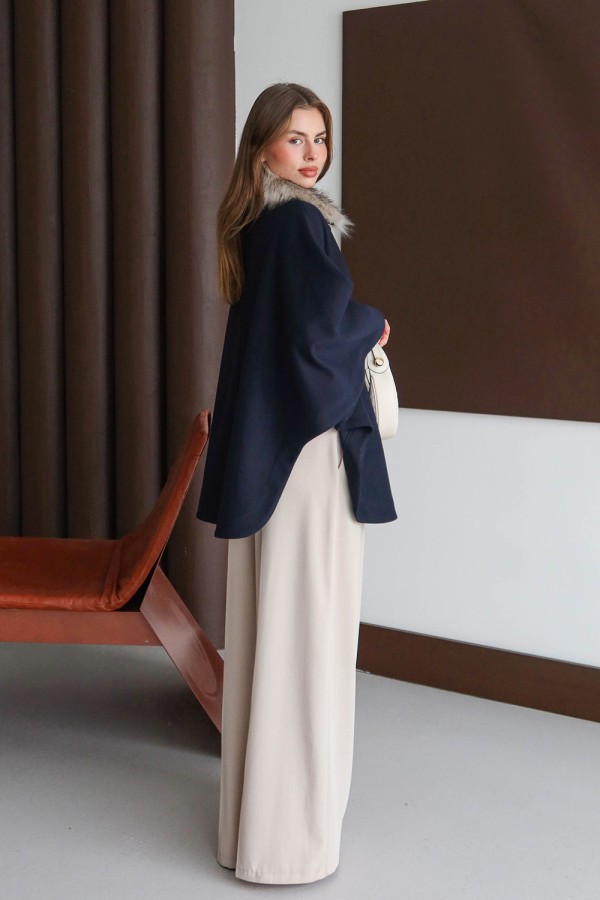 Kürklü Kaşe Pelerin Lacivert