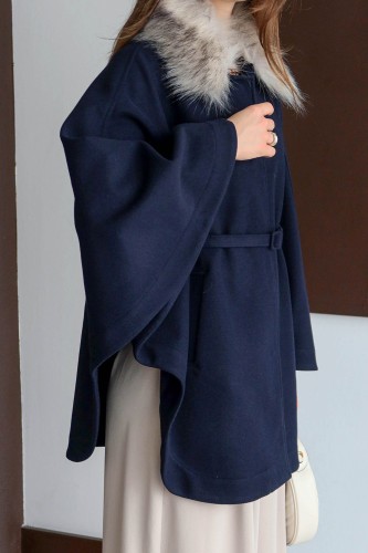 Kürklü Kaşe Pelerin Lacivert - Thumbnail