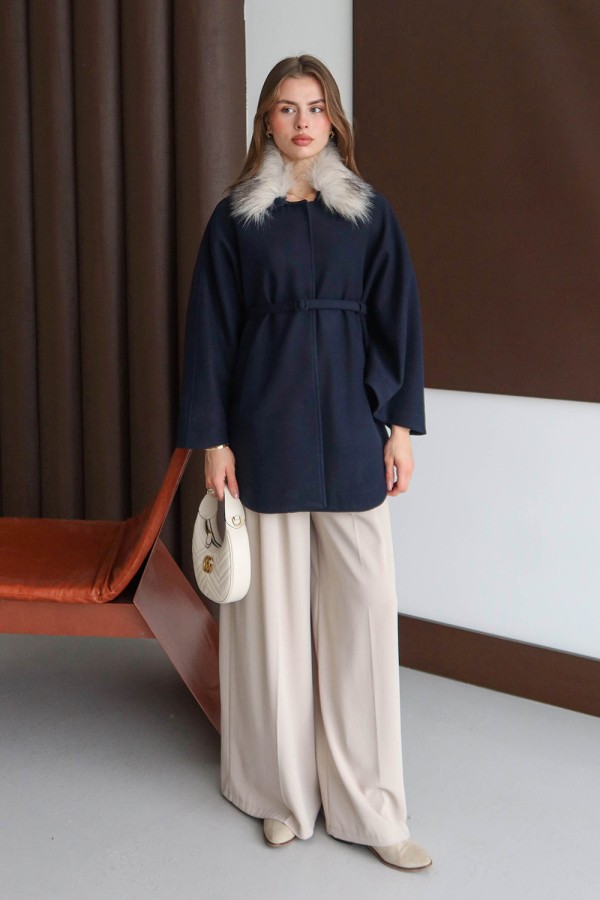 emiles - Kürklü Kaşe Pelerin Lacivert