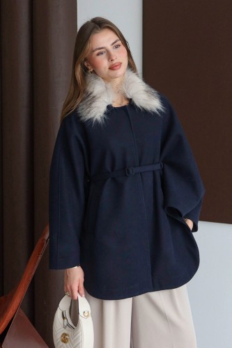 Kürklü Kaşe Pelerin Lacivert - Thumbnail