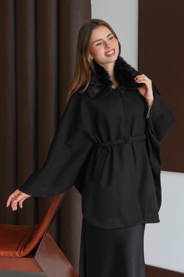 emiles - Kürklü Kaşe Pelerin Siyah