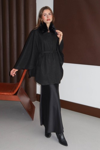 Kürklü Kaşe Pelerin Siyah - Thumbnail