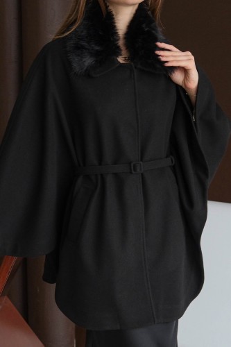 Kürklü Kaşe Pelerin Siyah - Thumbnail