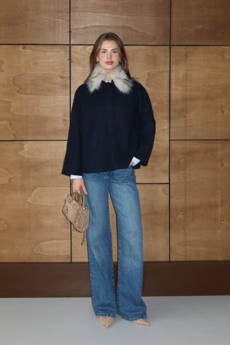 Kürklü Kısa Kaşe Ceket Lacivert - Thumbnail