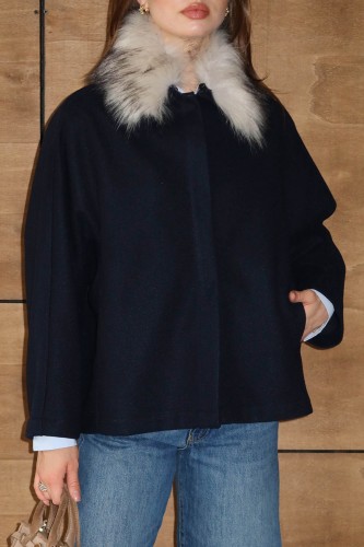 Kürklü Kısa Kaşe Ceket Lacivert - Thumbnail