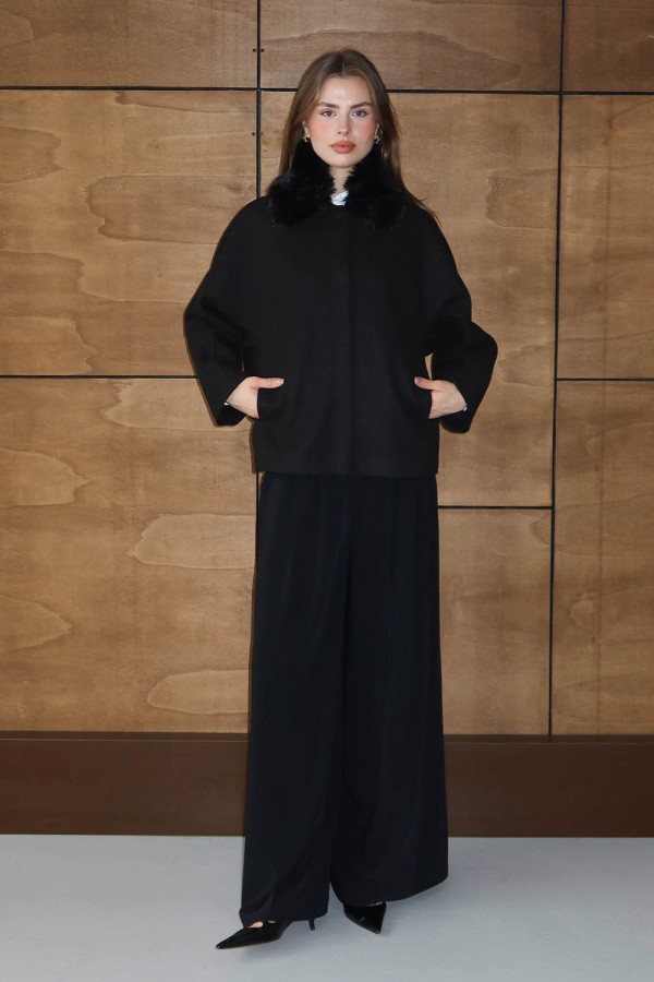 Kürklü Kısa Kaşe Ceket Siyah