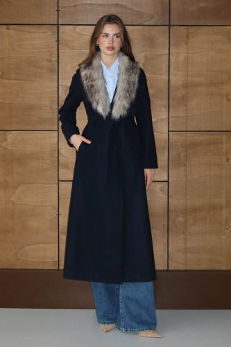 emiles - Kürklü Kruvaze Kaşe Kaban Lacivert