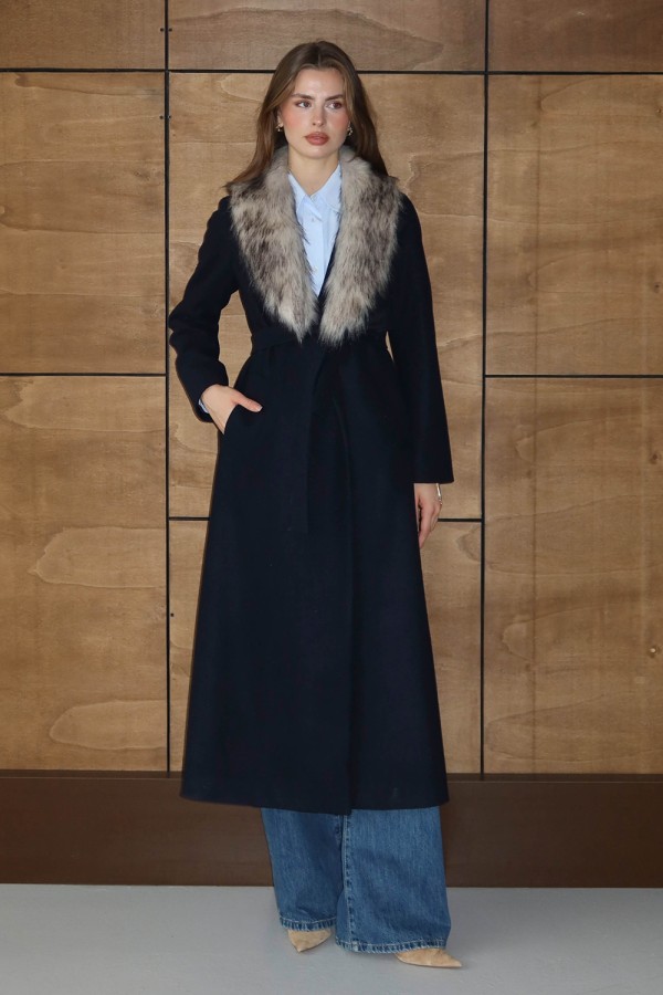 Kürklü Kruvaze Kaşe Kaban Lacivert