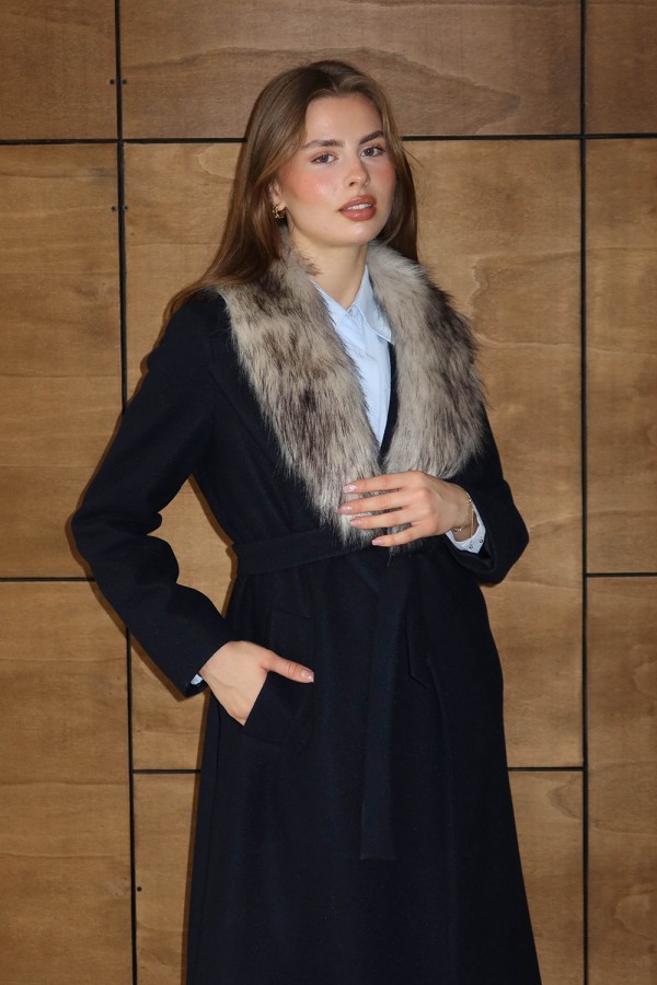 Kürklü Kruvaze Kaşe Kaban Lacivert