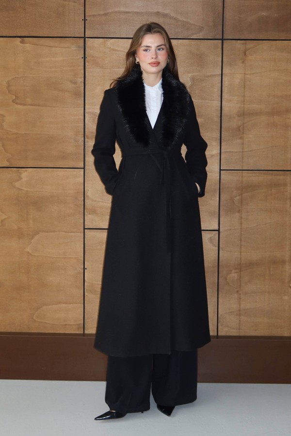 Kürklü Kruvaze Kaşe Kaban Siyah