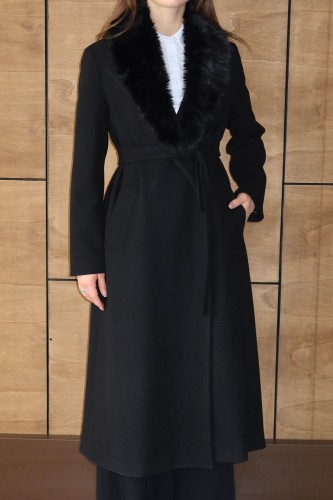 Kürklü Kruvaze Kaşe Kaban Siyah - Thumbnail