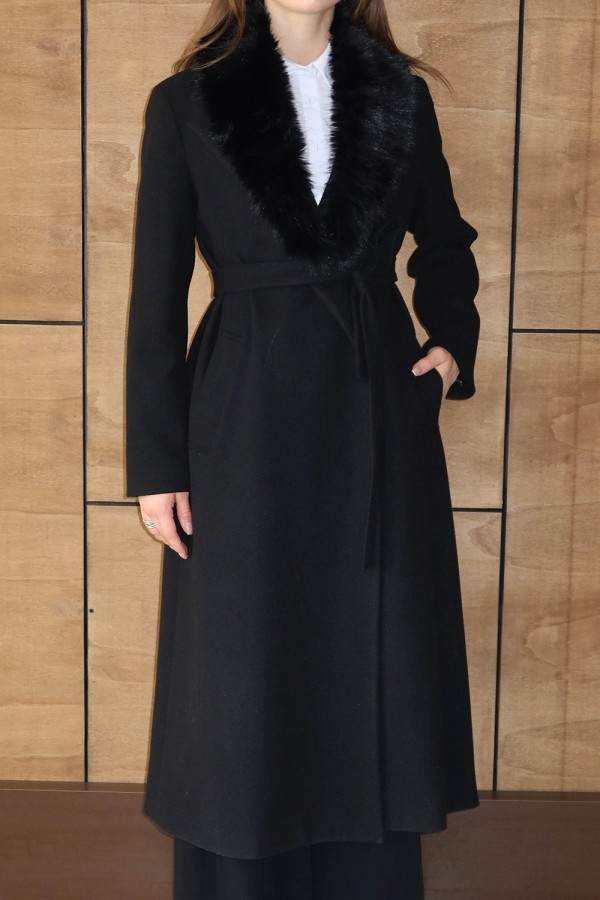 Kürklü Kruvaze Kaşe Kaban Siyah