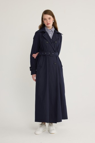 Kuşgözlü Kruvaze Trençkot Lacivert - Thumbnail