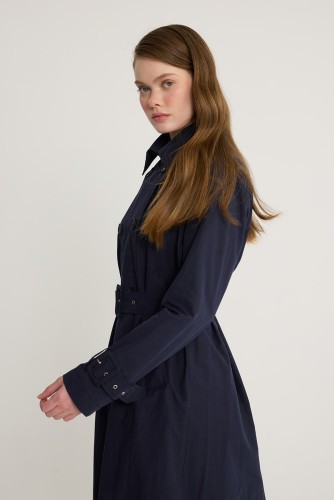 Kuşgözlü Kruvaze Trençkot Lacivert - Thumbnail