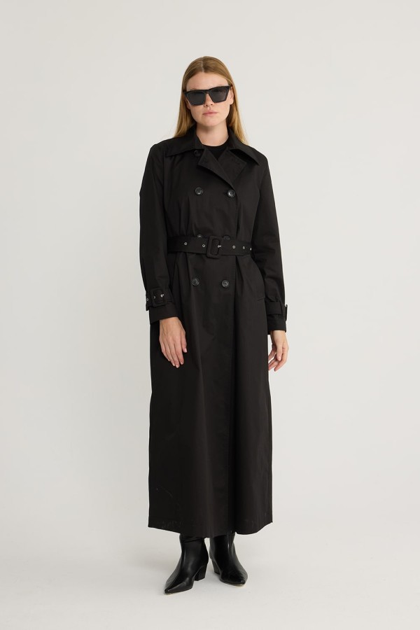 Kuşgözlü Kruvaze Trençkot Siyah