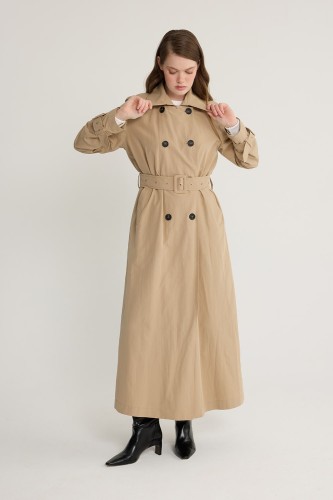 Kuşgözlü Kruvaze Trençkot Vizon - Thumbnail