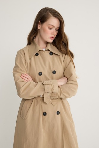 Kuşgözlü Kruvaze Trençkot Vizon - Thumbnail