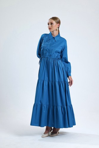 Nakış Detaylı Elbise İndigo - Thumbnail