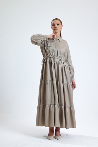 Nakış Detaylı Elbise Vizon - Thumbnail