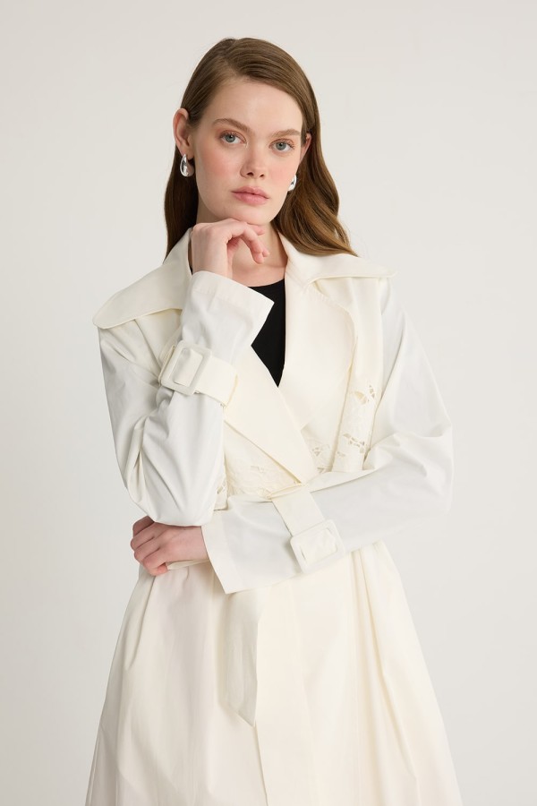 Nakışlı Trenç Ekru